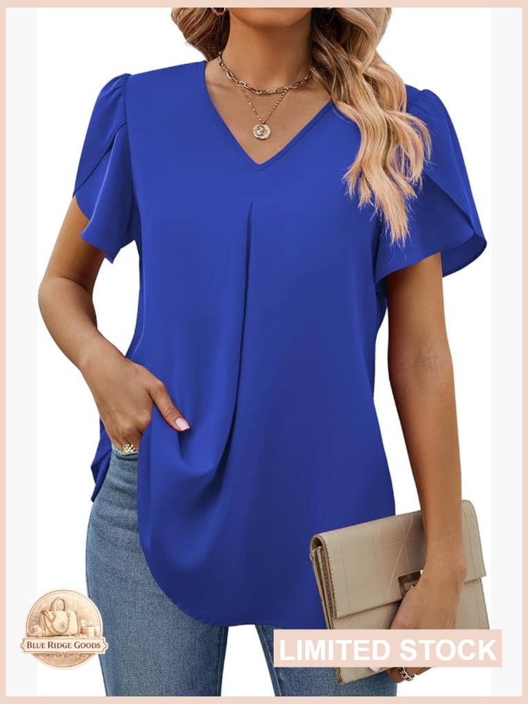 Dressy Chiffon Blouse V Neck Tulip Sleeve Work Tunic Top Loose Fit Stretch